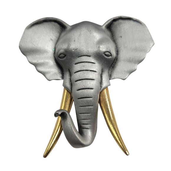 Vtg Signed JJ Elephant Brooch Pin Silver & Gold Tone Jonette Statement Safari - Picture 1 of 12